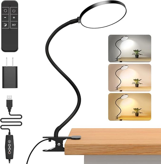 iFalarila Reading Light with Remote, LED Desk Lamp Clip on [1H Timer & Nightlight] RA>95 Dimmable Flexible Gooseneck, Reading Lamp with Clamp for Table - 4.7'' (Adapter Included)