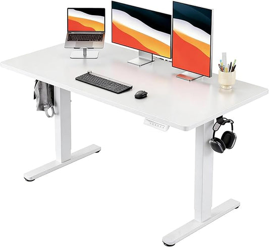 HUANUO Electric Standing Desk, Whole Piece Desktop, Adjustable Height Computer Desk, 4 Height Memory Settings, Sit Stand Up Desk for Home Office, 55" x 27", White