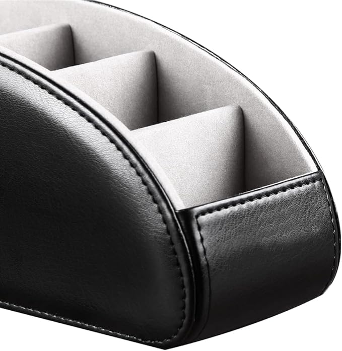 PU Leather Remote Control Holder with 5 Compartments - Storage Tray & Desktop Organizer for TV Remotes,Glasses,Pens,Accessories - Space-Saving Design for Bedside Table & Office Desk (Black)