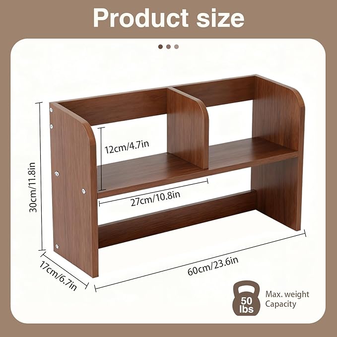 Desktop Bookshelf,Wood Desk Organizer Shelf with 2-Tier Display Rack for Computer Table,Multipurpose Countertop Storage Hutch for Home Office Dorm,Walnut