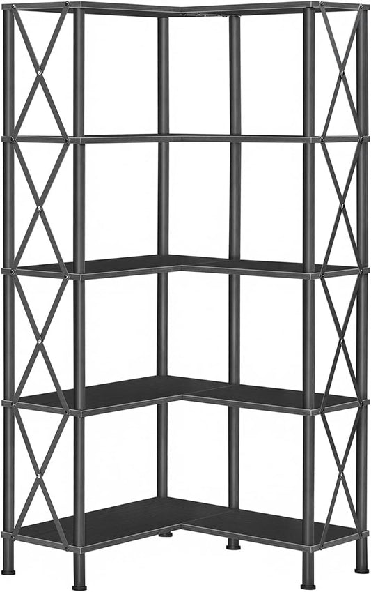 HOOBRO Corner Bookshelf, 5-Tier L-Shaped Bookcase, Industrial Open Display Shelf Tall Storage Organizer, Vertical Storage Rack, for Living Room, Home Office, Black BB60SJ01