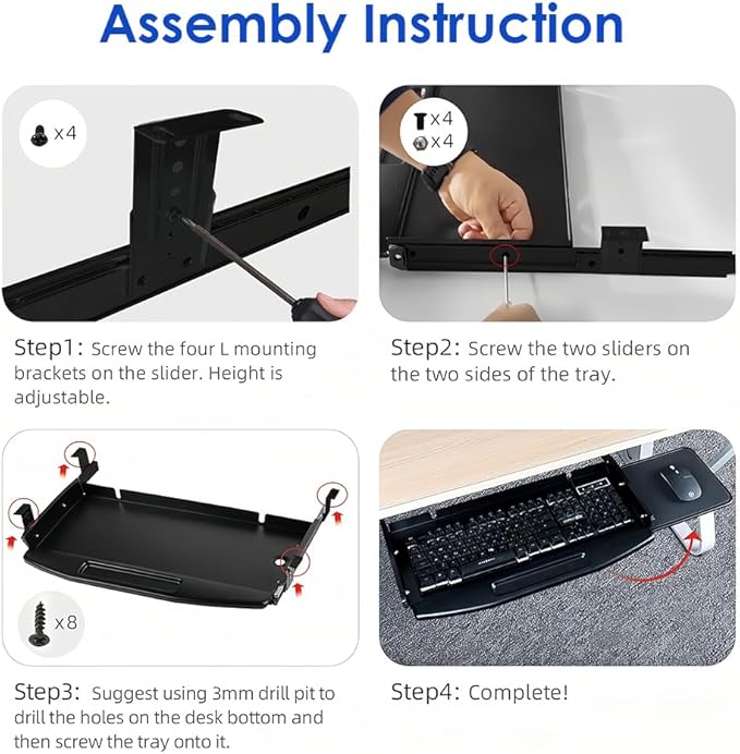 Under Desk Mounted Keyboard Tray Steel Keyboard Tray Under Desk Slide with Rotational Mouse Platform Office