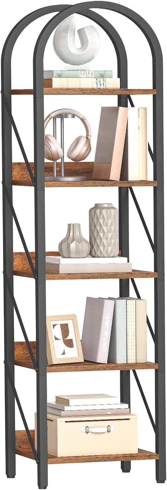 HOOBRO Bookshelf, 5-Tier Arched Bookshelf, Industrial Bookcase with Metal Frame, Tall Book Shelf Storage Organizer for Living Room, Office, Bedroom, Rustic Brown and Black BF425SJ01