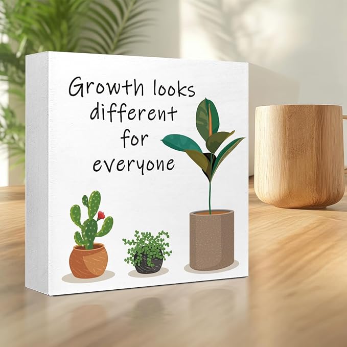 LVQHI Inspirational Wood Block Sign,Growth Looks Different for Everyone Plant Motivational Wooden Block Sign for Home Bedroom Office Desk Table Decor,Inspirational Gifts for Coworker Friend 8x8 IN