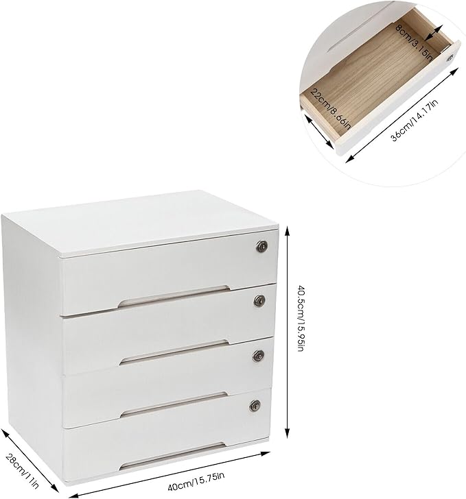 Wooden Desk Organizer with Drawers & Lock, Desktop Countertop Storage Cabinet Lockable Home Office Supplies File Tabletop Organizing Unit (4 Drawer - Modern White)