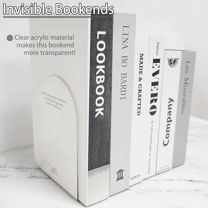 MerryNine Clear Book Ends 4pcs, Arch Acrylic Bookends for Shelves, Non-Slip Bookend Decorative for Heavy Duty Books, Books Holder Stopper for Kids, Book Shelf Organizer for Office Home School