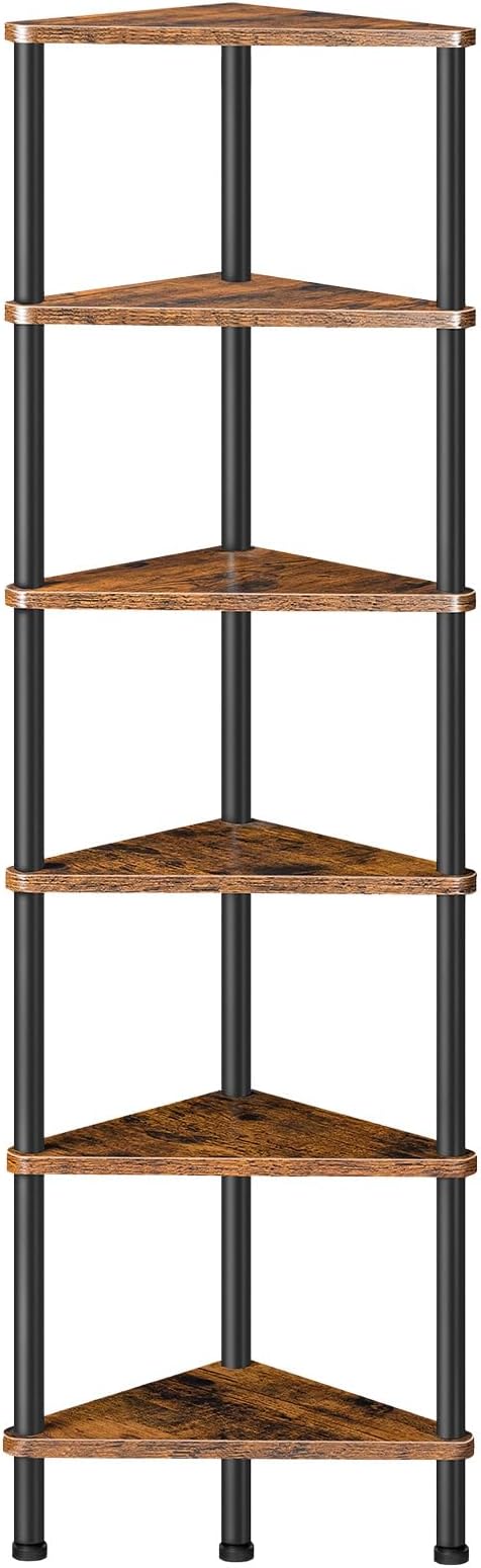 HOOBRO Corner Shelf Stand, Industrial 6-Tier Wall Corner Bookshelf with Metal Frame, Plant Display Shelf, Bookcase for Small Spaces, Bedroom, Living Room, Rustic Brown BF36CJ01