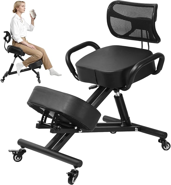 Ergonomic Kneeling Chair with Backrest, Kneeling Chair with Locking Wheels, Adjustable Height Kneeling Support Chairs, PU Computer Kneel Chairs for Living Room
