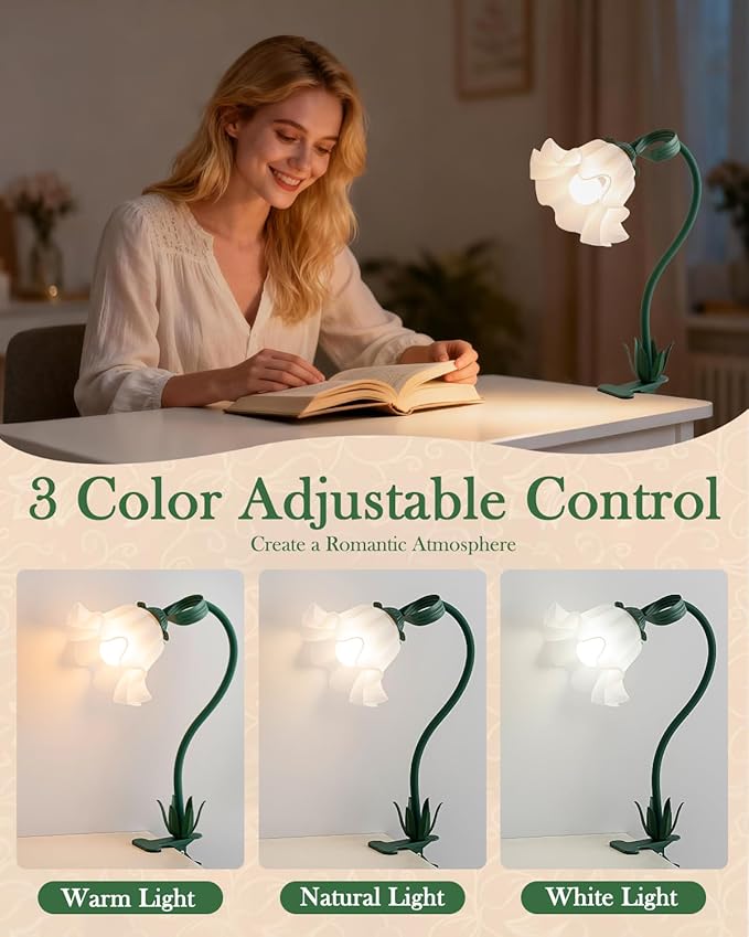 WERFOP Green Clip on Light, 3 Color Modes Eye-Caring Flower Desk Lamp with Clamp, Dorm Room Essentials, Flexible Neck Reading Clamp Lamps for College Bedside Bookshelf Studying Room (Dark Green)