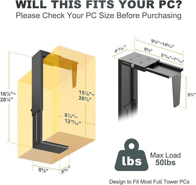 Under-Desk PC Mount - Adjustable PC Tower Holder 8 1/4"-12 15/16" inch Wide, Supports CPU up to 50 lbs, Steel Computer Case Bracket with Protective Padding, Black