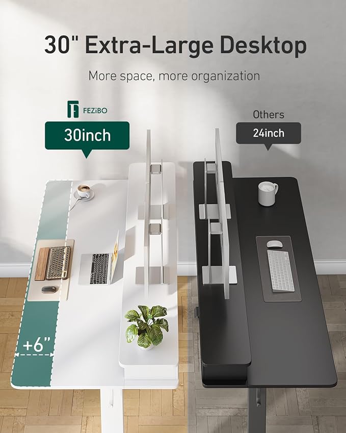 FEZIBO 55 x 30 inch Standing Desk with Drawers, Height Adjustable Electric Workstation, Computer Sit Stand Up Table with Large Storage Shelf 4 Drawers and 2 Hooks, White