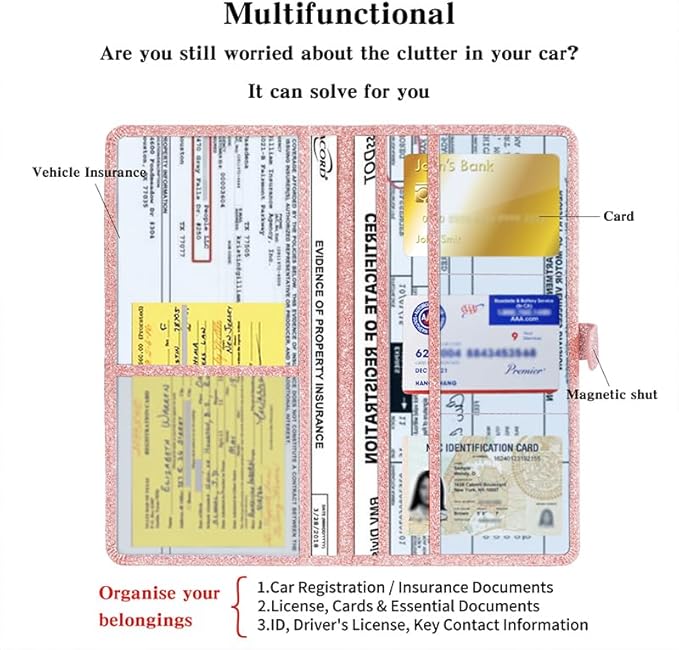 TILDOSAC 2 Ppack Leather Car Registration and Insurance Card Holder, Car Document Holder for Cards License with Magnetic Shut(Glitter Pink-Ear