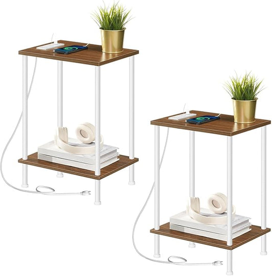 HOOBRO Side Table with Charging Station, Set of 2 End Table with USB Port and Outlets, Nightstand with 2-Layer Storage Shelves for Small Spaces, Living Room, Bedroom, Walnut and White WH09UBZP201
