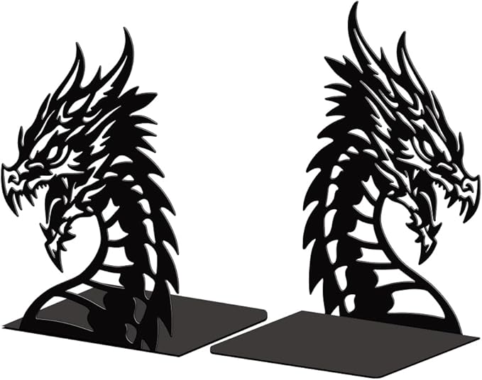 Peacoblue Metal Bookends for Shelves, Modern Decorative Heavy Duty Study Book Support Stoppers for Office, Desk, Shelf, Room 5.3"x4.3"x7.9" Cast Iron Simple Tall Bookends, 1 Pair (Dragon Head)