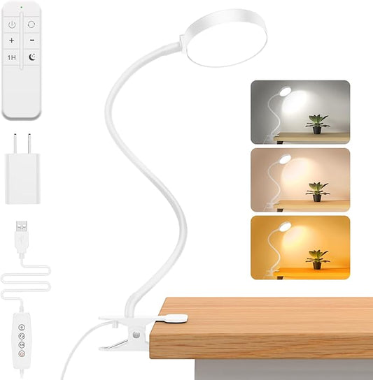 iFalarila Reading Light with Remote, LED Desk Lamp Clip on [1H Timer & Nightlight] RA>95 Dimmable Flexible Gooseneck, Reading Lamp with Clamp for Table - 3.5'' (Adapter Included)