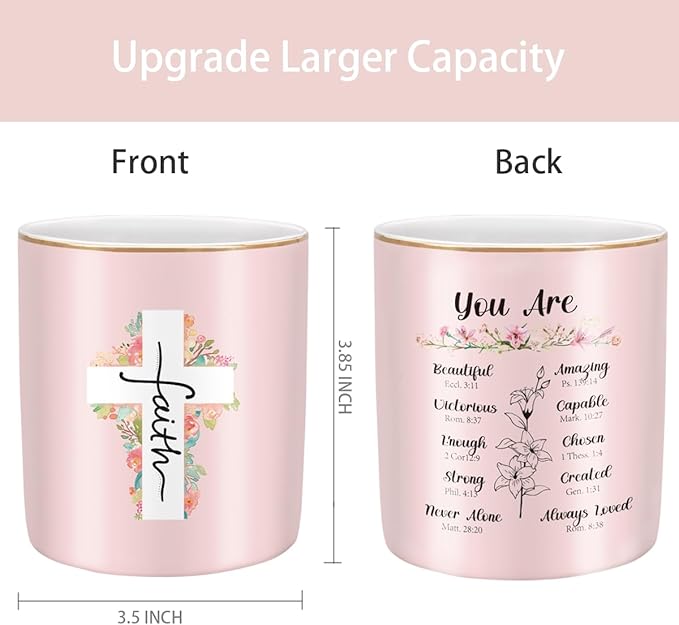 WAVEYU Ceramic Pen Holder for Desk Cute, Pencil Holder Cup, Makeup Brush Holder Pink, Multi-Functional Organizer for Office, Religious Style
