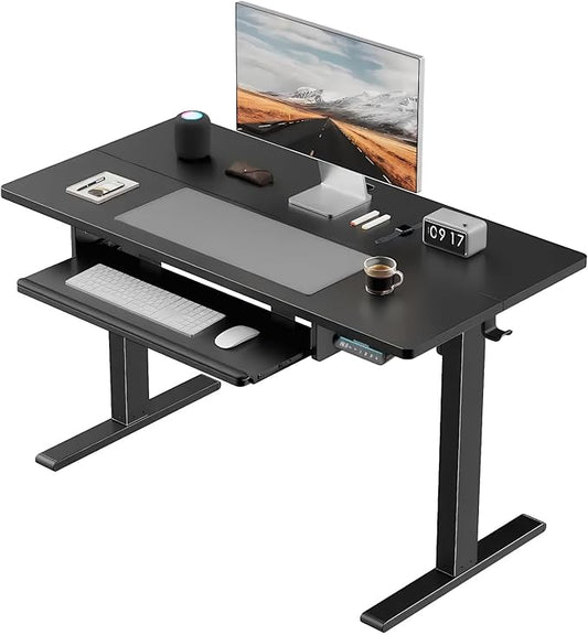 HUANUO Standing Desk Adjustable Height, 48" x 24" Electric Stand Up Desk for Home Office with Large Keyboard Tray(26.7"), 4 Memory Height Setting, Computer Workstation, Black