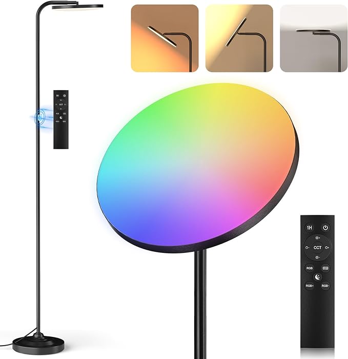 SIBRILLE RGB Floor Lamp, 36W Bright LED Standing Lamp, Stepless Dimming Color Changing Torchiere Floor Lamps with Remote, 350°Rotating Modern Tall Floor Lamp for Living Room, Gaming Room