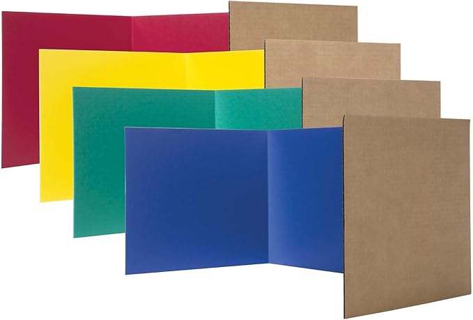 Flipside Products 12”x 48” Assorted Color Study Carrel, Red, Green, Blue, Yellow Privacy Boards, Student Privacy and Focus Booth for The Classroom, Desk Divider Cubby for Tests, Made in USA - 24 Pack