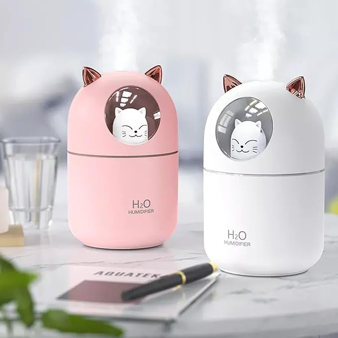 SOONHUA Cute Cat Essential Oil Diffuser, Mini Aromatherapy Air Humidifier, Cute Small Waterless Auto Off Diffusers for Home Bedroom White (300ml)