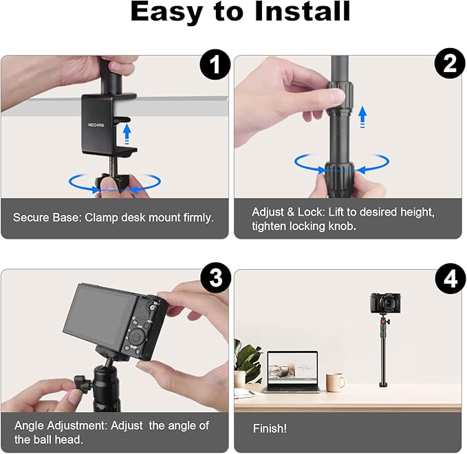 Camera Desk Mount Table Stand with 360° Ball Head, Table Light Stand with 1/4" Screw & C Clamp, Webcam Stand Mount for DSLR Camera Video Light Ring Light Live Streaming Vlog (811002)