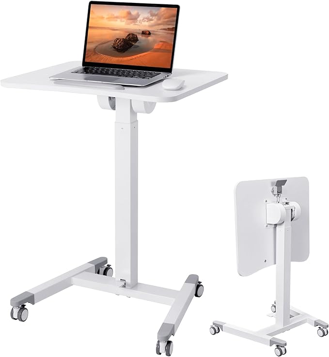 Fromann Mobile Standing Podium Desk Laptop Sit to Stand Height Adjustable Workstation with Wheels,Gas Spring Lift Mechanism Desk (White)
