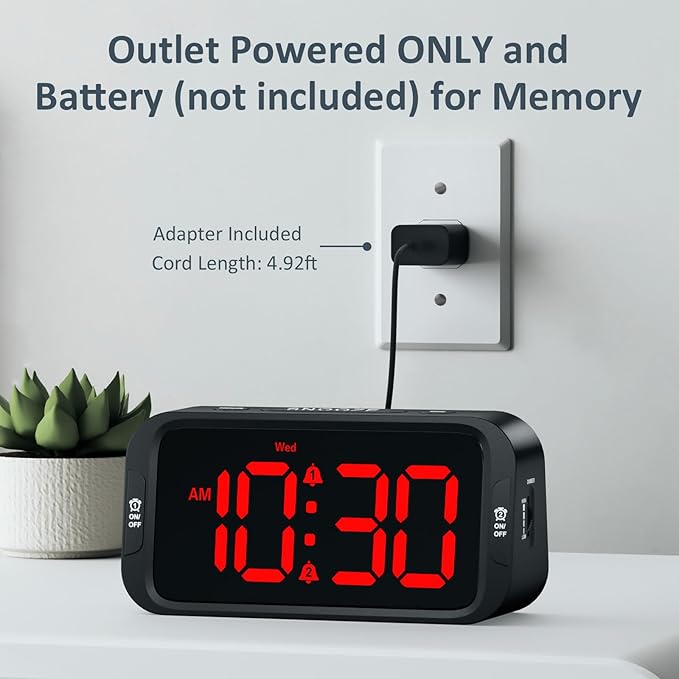 Odokee Digital Dual Alarm Clock for Bedroom, Easy to Set, 0-100% Dimmer, USB Charger, 5 Sounds Adjustable Volume, Weekday/Weekend Mode, Snooze, 12/24Hr, Battery Backup, Compact Clock for Bedside(Red)