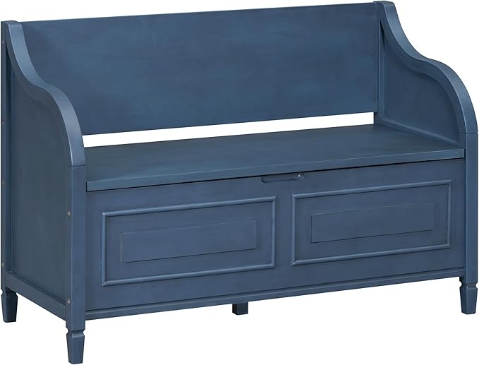 SOFTSEA 41.9" Storage Bench with Back, Entryway Shoe Bench with Cushion & Lift Top Storage, Rustic Shoe Storage Cabinet with Cushioned Seat for Entryway, Bedroom, Living Room (Antique Navy)