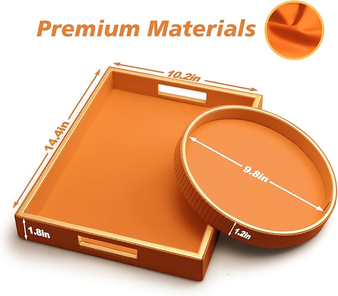 SANZIE Leather Tray Desktop Storage Organizer Premium Serving Tray Decorative Trays Valet Trays for Sundries Cosmetics Phone Wallet Cutlery (Orange Holder with Disc)
