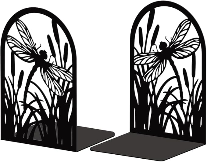 Peacoblue Metal Bookends for Shelves, Modern Decorative Heavy Duty Study Book Support Stoppers for Office, Desk, Shelf, Room 5.3"x4.3"x7.9" Cast Iron Simple Tall Bookends, 1 Pair (Dragonfly)