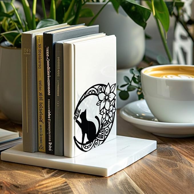 Peacoblue Metal Bookends for Shelves, Modern Decorative Heavy Duty Study Book Support Stoppers for Office, Desk, Shelf, Room 5.3"x4.3"x5.3" Cast Iron Tall Bookends, 1 Pair (Moon with Cat and Flower)