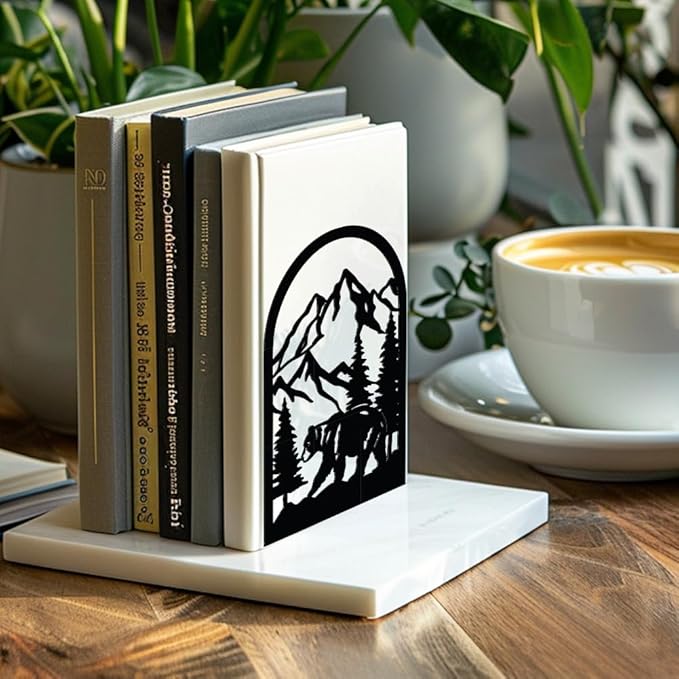 Peacoblue Metal Bookends for Shelves, Modern Decorative Heavy Duty Study Book Support Stoppers for Office, Desk, Shelf, Room 5.3"x4.3"x7.9" Cast Iron Bookends, 1 Pair (Mountain and Forest with Bear)