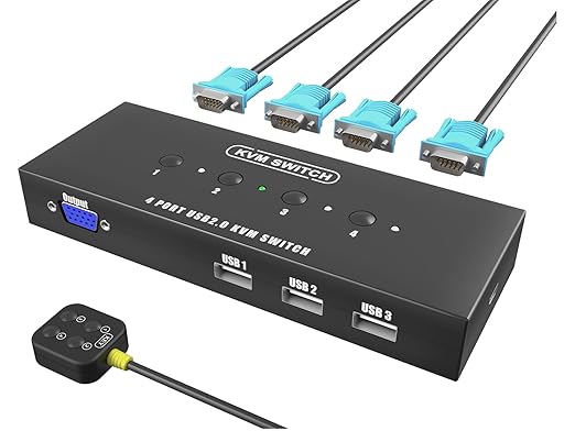 KVM Switch VGA 4 Port - KVM Switcher for 4 Computers Share 1 Monitor & 3 USB 2.0 Devices,Keyboard Mouse Printer,Driver-Free for All OS,4 KVM Cables 1 Desktop Controller Included