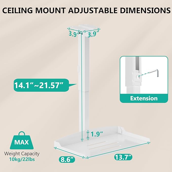 WALI Projector Ceiling Mount Tray, Height Adjustable Wall Mount Holder for Projectors, Hidden Cable Management, Fits Projectors up to 22lbs, 13.7" x 8.6" Platform, White (PM-005-W)