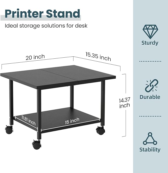 SwaaVee Printer Stand with Storage Under Desk Shelf, Desktop Printer Stand Organizer, Rolling Printer Cart Storage Paper Files Holder for Desk, Office, Home, (Black)