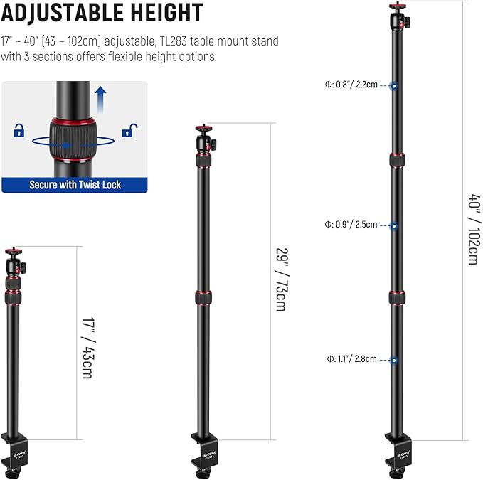 NEEWER Camera Desk Mount with Holder & 360° Ball Head, 17"-40"/43-102cm Telescopic C Clamp Table Light Stand 1/4" Screw, Desktop Stand 6.6lb/3kg Max Load for DSLR Camera, Webcam, Ring Light,TL283