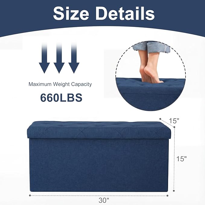 DUMOS 30in Storage Ottoman Bench, Ottoman Bench Foot Rest Stool with Padded Seat, Bedroom Bench with for Living Room, Support 660lbs, Blue