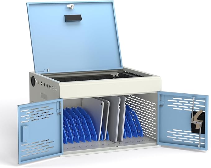 16-Unit Charging Cabinet for Laptops & Tablets - Locking Laptop Storage Box with Cable Management, Charger Storage, and Ground Protection for Classroom, Library, and Office(Blue)