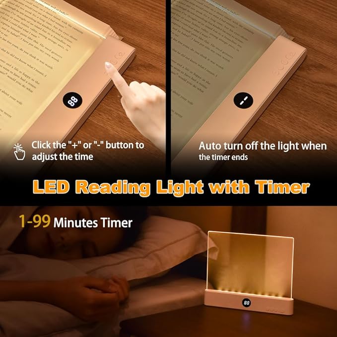 Book Light, Rechargeable Clear LED Flat Reading Light with 3 Colors & Timer, Dimmable Panel Plate Lamp Book Full Page Light for Reading in Bed at Night, Funny Gifts for Readers Kids Women Men (White)