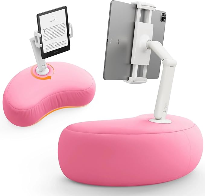 SAIJI Tablet Pillow Stand for Bed – iPad & Kindle Holder with Flexible Dual Axis Arm & Microbead Cushion, 360° Adjustable Lap Beanbag Phone Holder Fits Devices with 4.7"–15.6" Screens (Pink)