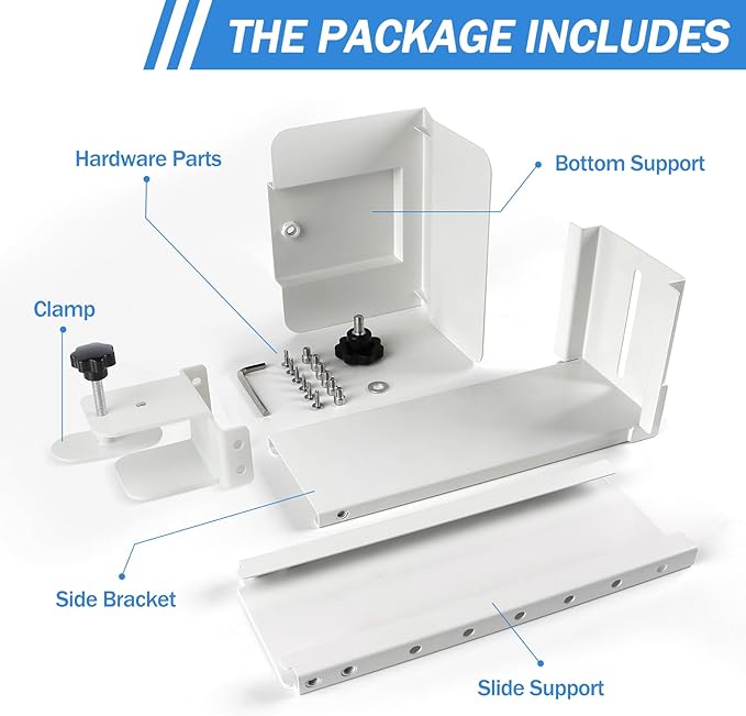 Adjustable Clamp Mount On Desk for PC Tower - No Drilling, Height Adjustable from 13.2" to 21.6", Width Adjustable from 5.5" to 9.8", Heavy Duty Under Desk Computer Case CPU Holder, White