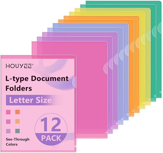 HOUYEE 12 Pack Clear Document Folders, L-Type Plastic File Folder Sleeves, Project Folders Paper Sheet Protectors for 8.5" x 11" Letter Size, for Home, Office, and School Use (6 Assorted Colors)
