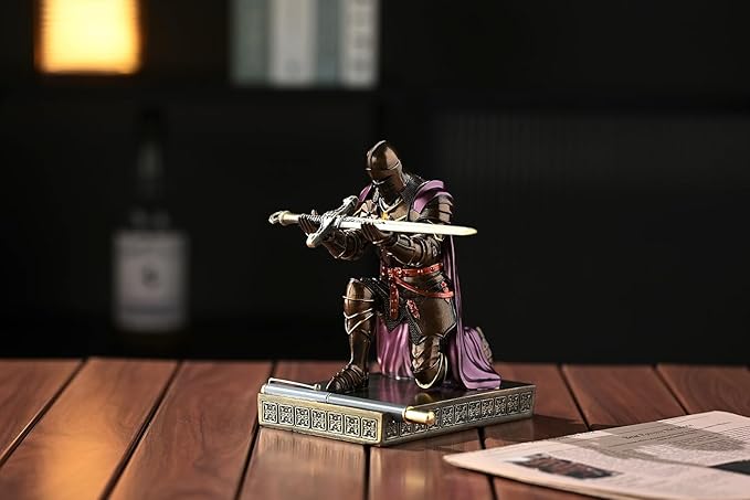 Medieval Armored Warrior Wearing Outerwear, Mobile Phone Stand Knight Pen Holder Desk Organizers, Resin Bookends Paperweight with a Letter Opener for Desk (Brown&Purple)