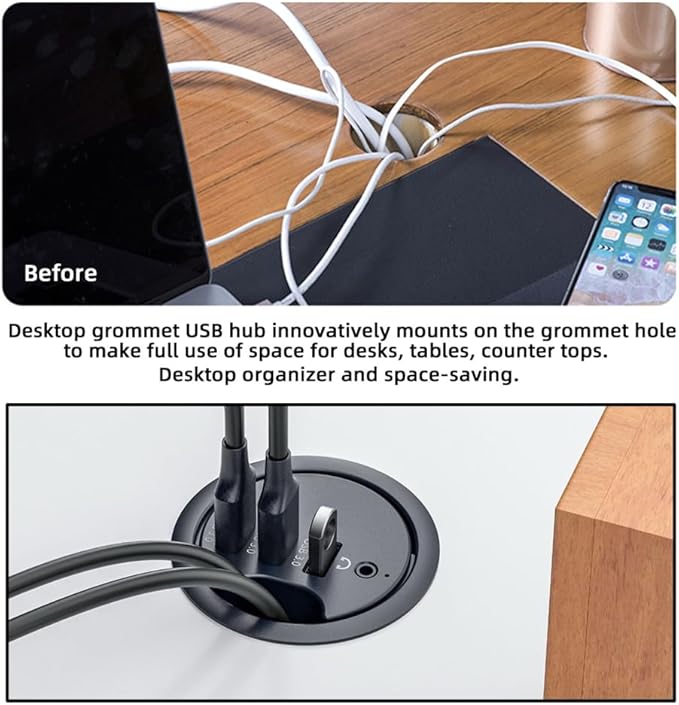 NFHK USB 3.0 Hub Sound Card 3 Port USB 60mm Desk Grommet Splitter Dock Station Headphone Mic Audio Interface for Desktop PC