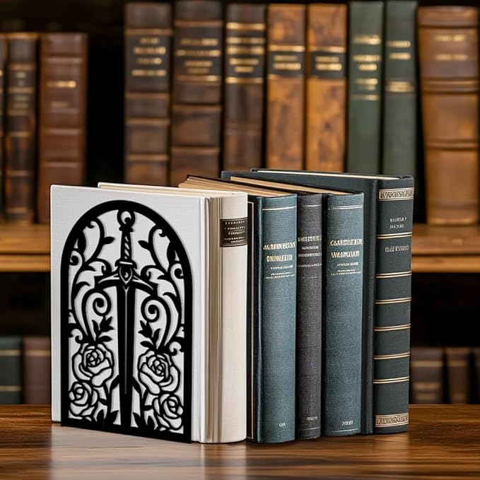Peacoblue Metal Bookends for Shelves, Modern Decorative Heavy Duty Study Book Support Stoppers for Office, Desk, Shelf, Room 5.3"x4.3"x7.9" Cast Iron Tall Bookends, 1 Pair (Sword with Vine and Rose)