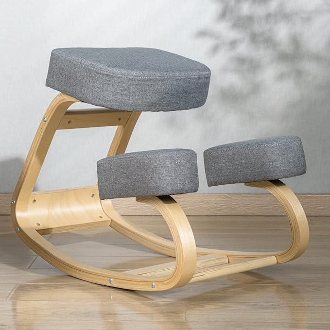 Desky Ergonomic Grey Kneeling Chair – Adjustable Wooden Frame with Cushioned Seat and Knee Pads, Natural Finish, Home Office & Study Support