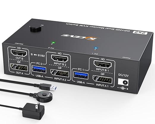 4K@144Hz KVM Switch 2 Monitors 2 Computers 8K@60Hz, MLEEDA HDMI and Displayport Dual Monitor KVM Switch with 4 USB 3.0 Port for Keyboard Mouse Printer, with Wired Remote, Power Adapter and USB Cables