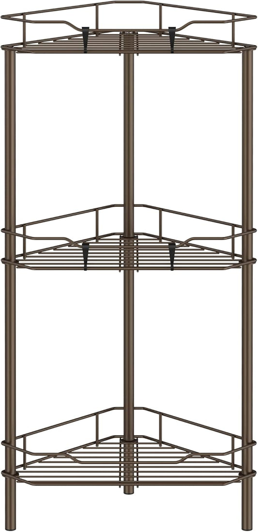 HuggieGems 3 Tier Floor Standing Corner Shower Caddy Organizer Shelf with Hooks, Bathroom Shelves Stand Rack, Bronze