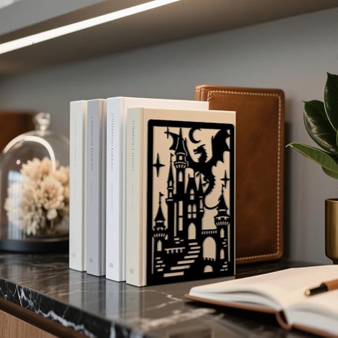 Peacoblue Metal Bookends for Shelves, Modern Decorative Heavy Duty Study Book Ends Stoppers for Office, Desk, Shelf, Room 5.3"x4.3"x7.9" Cast Iron Simple Tall Bookends 1 Pair (Dragon Castle)