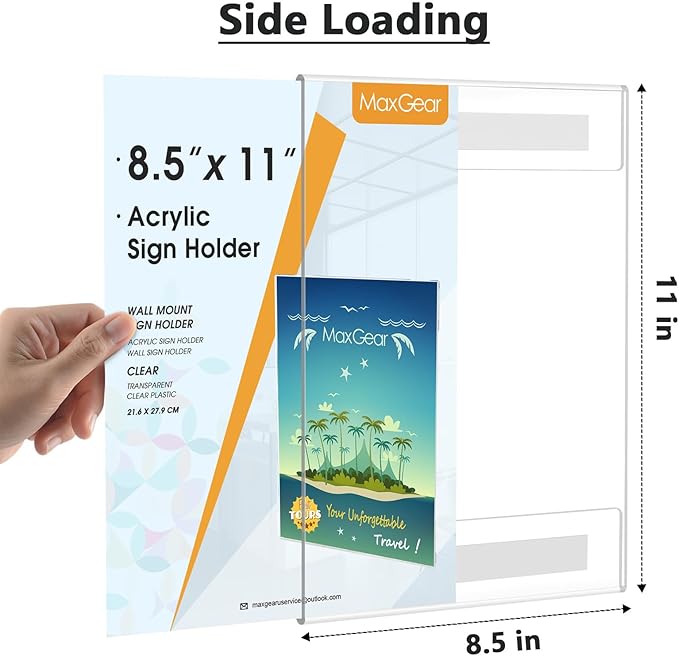 MaxGear Acrylic Sign Holder 8.5 x 11 Wall Mount Clear Plastic Sign Holders with Double Sided Tape, Paper Poster Door Document Flyer Acrylic Wall Frame for Office, Home, Store, Restaurant, 2 Pack